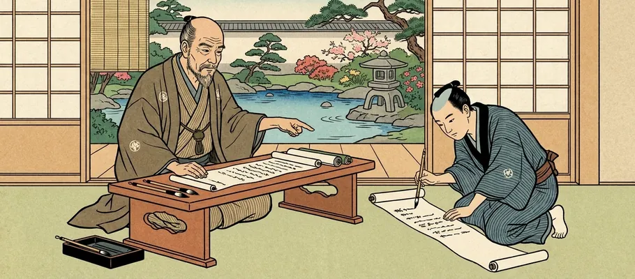 An older figure pointing at a wooden desk while a younger apprentice diligently writes on a paper scroll, with a serene garden visible through an open shoji screen.