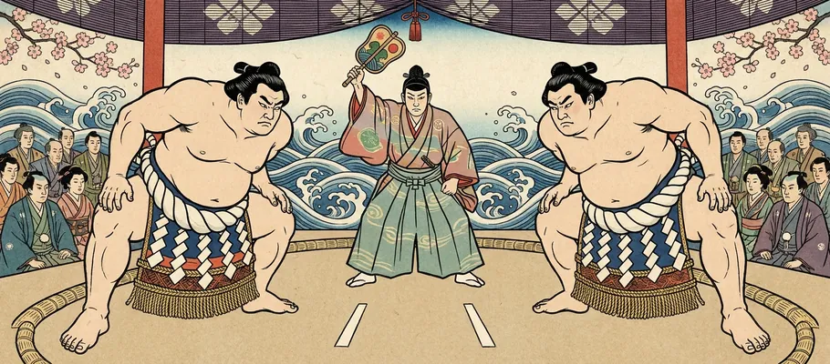An ukiyo-e style illustration of two sumo wrestlers facing off, with a referee holding a fan between them.