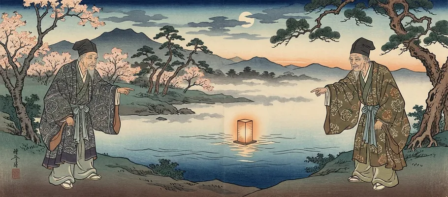 Two scholars in traditional robes observing a single floating lantern on a misty river at dusk, each pointing at it from a different angle.