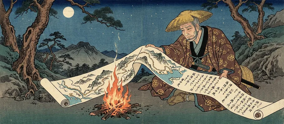 A samurai traveler sitting by a campfire at night, unrolling a long scroll filled with maps and memoirs of his journeys.
