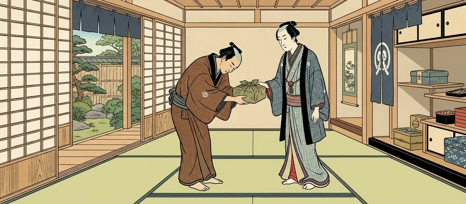 A merchant deeply bowing and respectfully serving a well-dressed customer inside a traditional shop with sliding doors and tatami mats.