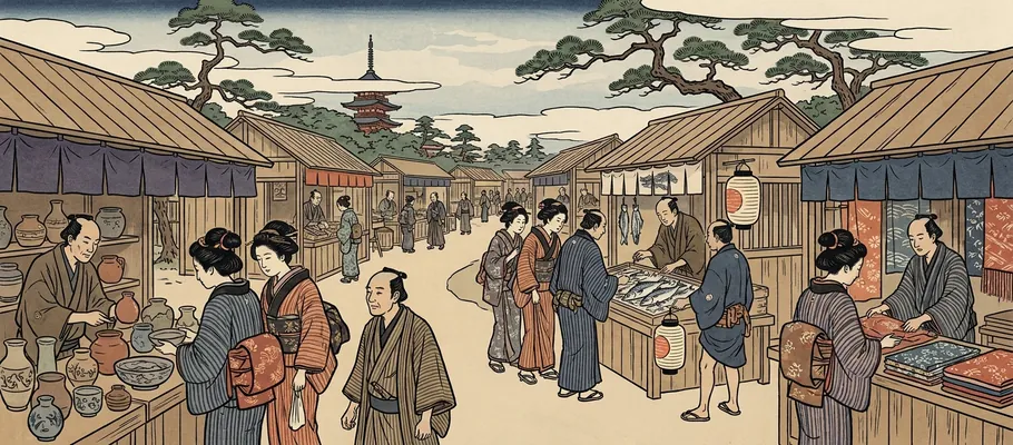 A bustling traditional Japanese marketplace where merchants display various goods at different distances from the customers.