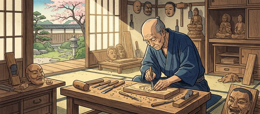 An ukiyo-e style illustration of a traditional Japanese artisan meticulously carving wood in a sunlit workshop, surrounded by tools and wooden artifacts.