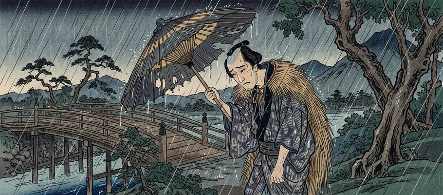 A person holding a broken umbrella while standing in heavy rain with a disappointed expression.