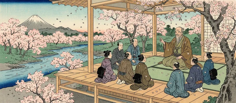 A wise elder figure giving guidance to students in a traditional Japanese setting surrounded by blooming cherry blossoms.