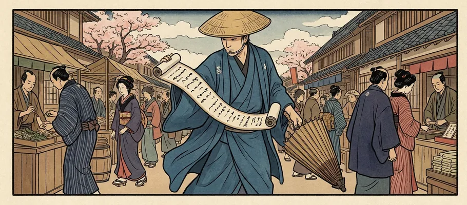 A person in traditional clothing walking down a bustling Edo-period street, reading a scroll while carrying a paper umbrella.