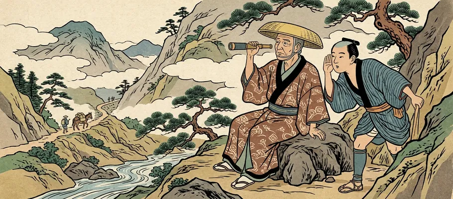Two people sitting near a mountain path. One person is looking intently at distant travelers, while the other leans in closely to listen to a story, capturing the themes of observation and hearsay.