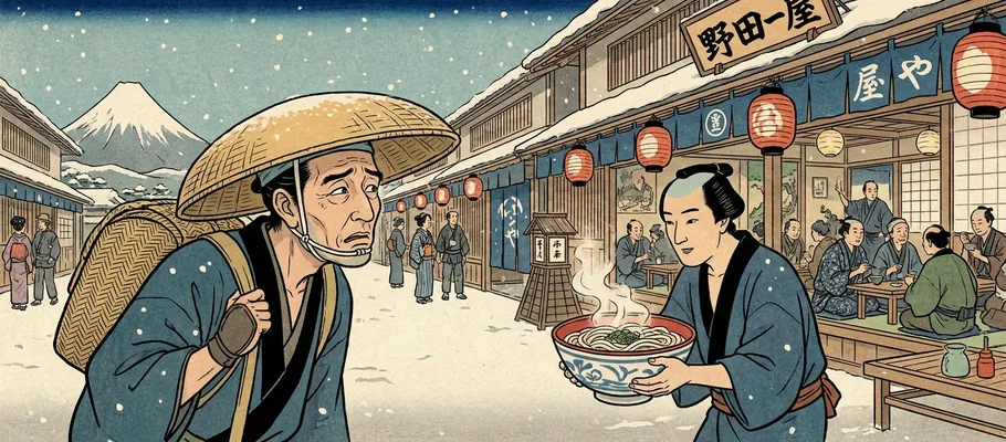 A traveler staring longingly at a steaming bowl of udon noodles outside a bustling Edo-period tea house.