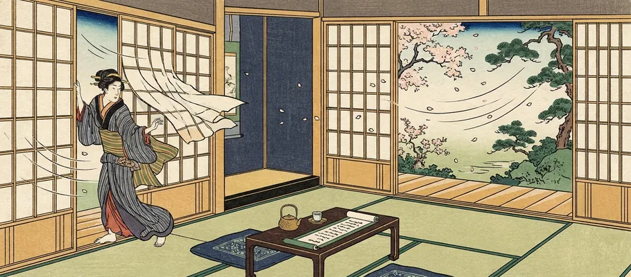 A traditional Japanese room where a person is sliding open a shoji screen door, while another screen door across the room stands open by itself, letting in a gentle breeze.