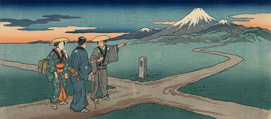Travelers standing at a crossroads at dusk, pointing towards a distant mountain pass as if deciding on their next destination together.