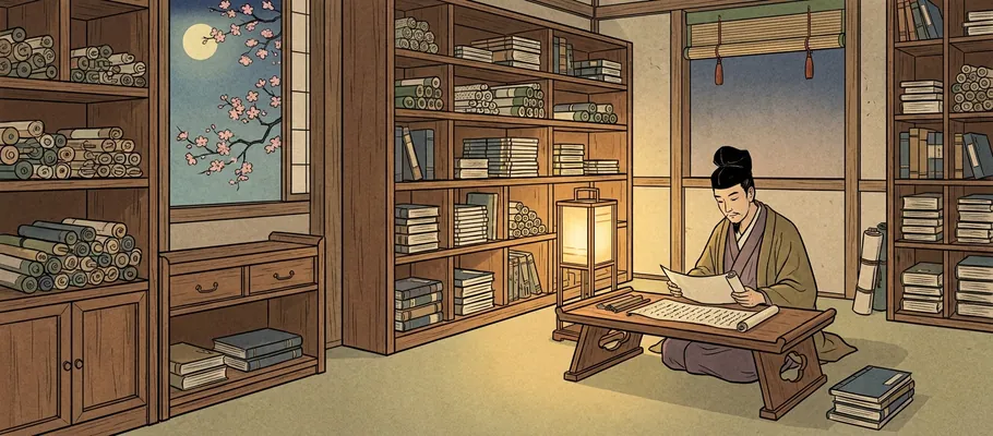 A serene library scene with wooden shelves filled with scrolls and books, a glowing lantern illuminating a reading desk.